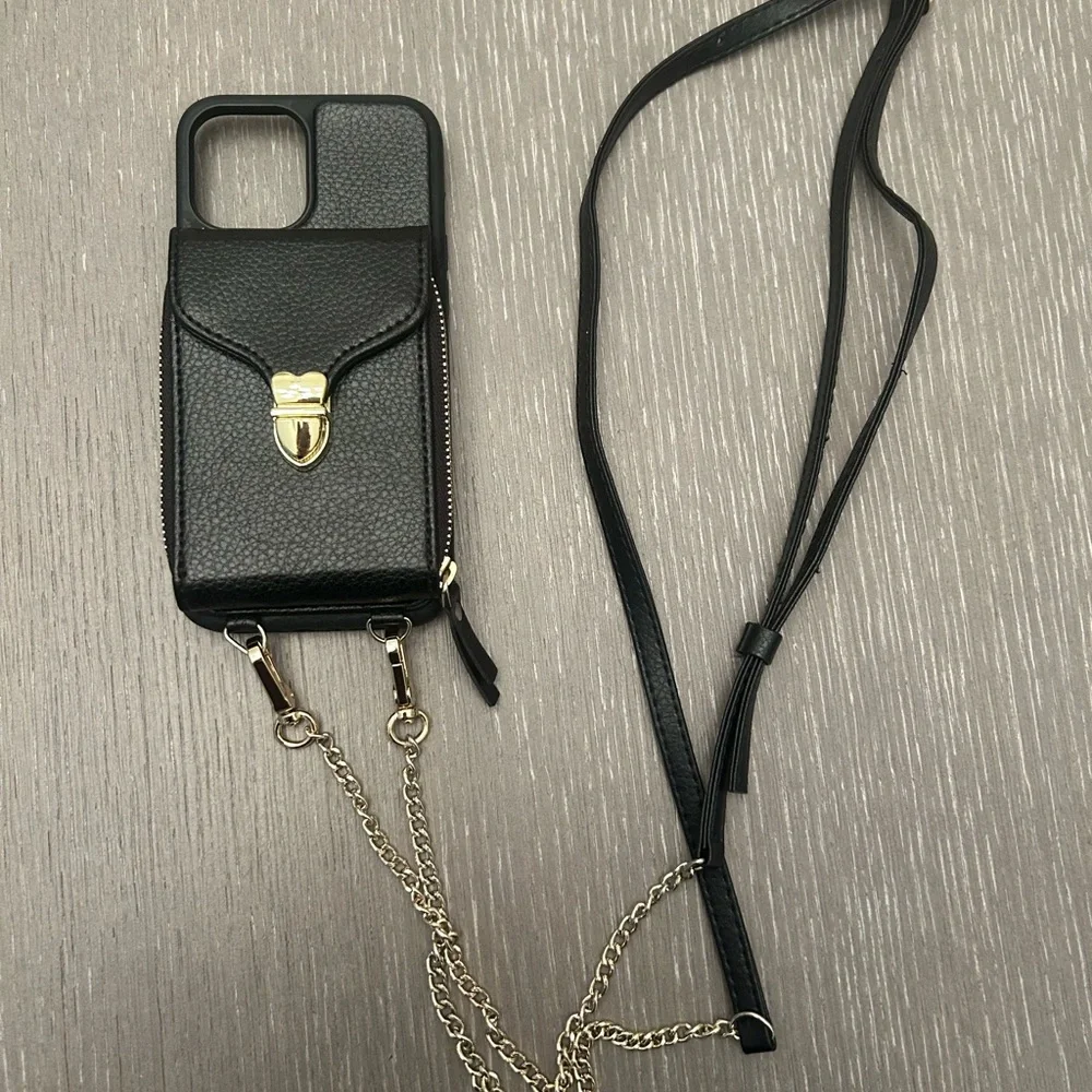 Stylish Black Leather Phone Case with Strap I Phone‎ 12